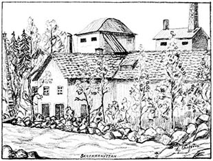 Västra Skrekarhyttan i början av 1900-talet. Teckning av Hjalmar Ekström.